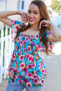 Diva Dreams Sapphire Floral Print Chiffon Smocked Blouse