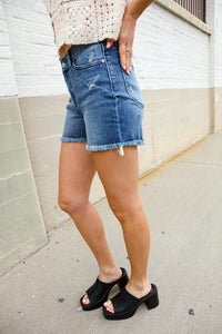 Judy Blue Medium Blue Mid Rise Fray Distressed Denim Shorts