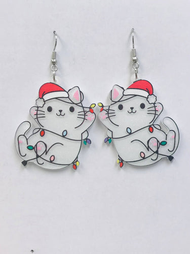 Cat Rolling with Christmas Lights Earrings Acrylic White