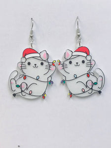 Cat Rolling with Christmas Lights Earrings Acrylic White