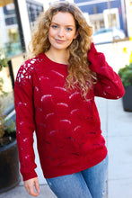 Casual Chic Burgundy Pointelle Lace Shoulder Knit Sweater