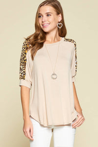 Emerald Collection - ETK-7975 Animal Print Sleeve Casual Top: Taupe / Small