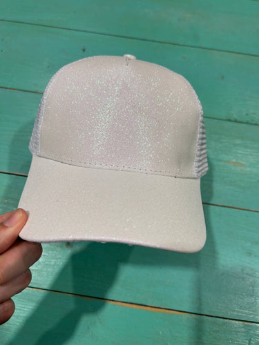 Vibes White Glitter Ponytail Caps | Sparkle | Baseball Cap