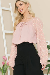 Pink Pleated Sleeve Tie Front Top