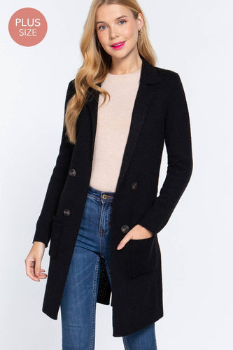 Notched Collar Sweater Jacket -Black