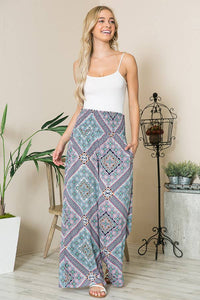 Orange Farm Clothing - Wide Leg Smocked Waisted Palazzo Pants-2 Prints*: Blue Combo / Large