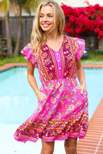 Find Romance Fuchsia Boho Floral Button V Neck Ruffle Dress