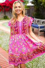 Find Romance Fuchsia Boho Floral Button V Neck Ruffle Dress