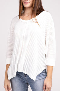 3/4 Sleeve V-Neck Hi-Low Hem Jacquard Sweater