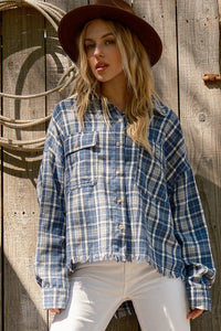 Perfect Find Blue Plaid Cotton-Blend Fray Hem Shacket
