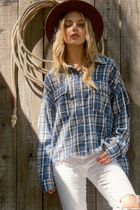 Perfect Find Blue Plaid Cotton-Blend Fray Hem Shacket