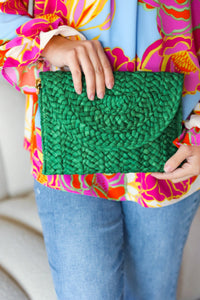 Emerald Green Raffia Woven Clutch Bag