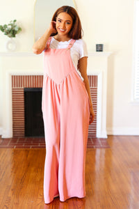 Move On Over Coral Wide Leg Suspender Overall Jumpsuit