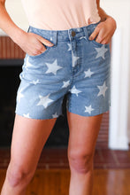 Light Wash Star Print High Rise Denim Shorts