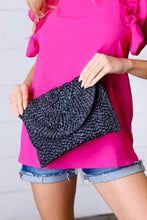 Black Woven Raffia Flap Closure Clutch Bag