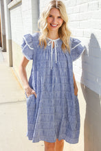 Beautiful You Blue Checker Gingham Tie Front Double Ruffle Sleeve Midi Dress