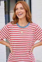 Retro Stripe Oversized Tee with Contrast Ribbed Neck