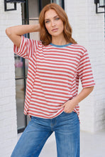 Retro Stripe Oversized Tee with Contrast Ribbed Neck
