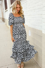 Look My Way Black/White Abstract Print Smocked Neck Maxi Dress