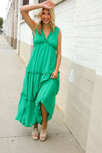 Find Love Green Sleeveless V Neck Frill Ruffle Tiered Lined Maxi