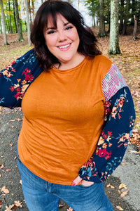 On Your Way Rust & Navy Floral Textured Hacci Top