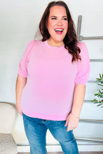 Pretty In Pink Puff Bubble Short Sleeve Wavy Rib Knit Top