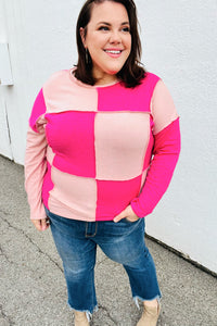 Pink/Blush Checkerboard Outseam Colorblock Sweater Top
