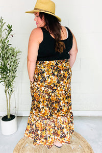 Casual Living Black Floral Tiered Smocked Waist Midi Skirt