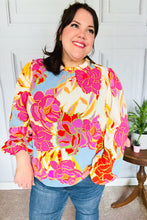 Let's Meet Later Fuchsia & Blue Floral Frill Neck Top