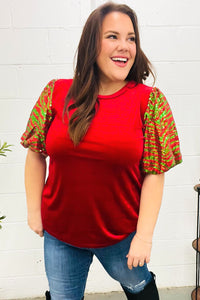 Warmest Wishes Red & Green Sequin Puff Sleeve Velvet Top