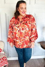 Fall Vibes Rust Floral Print Notched Neck Smocked Satin Top