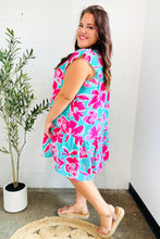 Diva Dreaming Aqua & Fuchsia Floral Print Tiered Ruffle Sleeve Dress