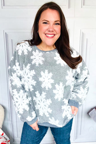 Season Greetings Silver Puffy Snowflake Sherpa Pullover