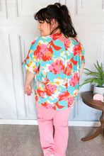 Weekend Ready Aqua & Coral Floral V Neck Woven Top