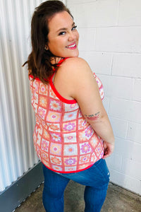 Coral Flower Power Waffle Knit Sleeveless Top