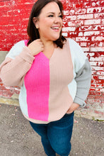 Pink & Taupe V Neck Color Block Sweater Top