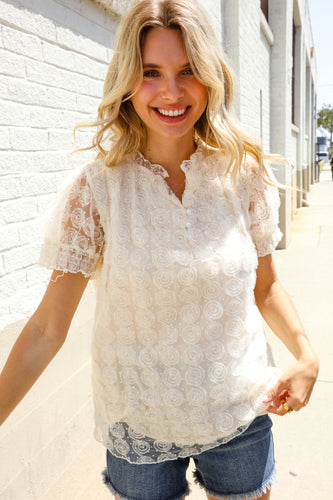 Classy Chic Ivory Swiss Dot Chiffon Button Yoke Lined Blouse