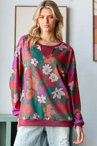 Look Adorable Brown/Multicolor Floral Waffle Terry Reverse Stitch Pullover