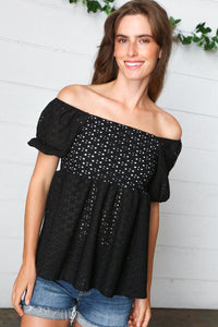 Black Eyelet Puff Sleeve Babydoll Top