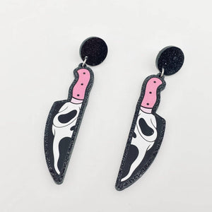 Halloween Pink Knife Skull Post Earrings