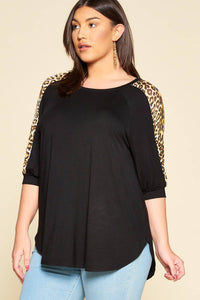 Emerald Collection - ETK-7975 Animal Print Sleeve Casual Top: Taupe / Small
