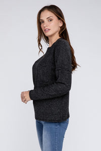 Ribbed Brushed Melange Hacci Sweater with a Pocket