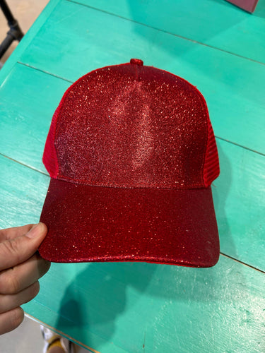 Vibes Red Glitter Ponytail Caps  | Sparkle | Baseball Cap: Red Glitter