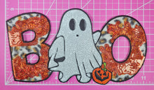 Scratch Decor - Boo Halloween Ghost Cheetah Fur Sequin Glitter Large Iron on Patch