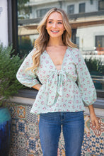 Mint Crepe Seersucker Floral Knotted Woven Blouse