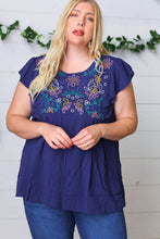 Navy Floral Embroidered Flutter Sleeve Top