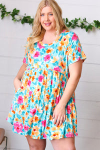 Teal & Magenta Floral Babydoll Fit and Flare Dress