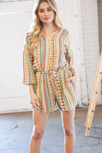 Taupe Rayon Challis Ethnic Back Keyhole Pocketed Romper