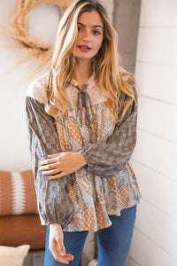 Taupe Paisley Print Houndstooth Mock Neck Top