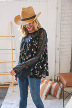 Black Floral Lace Color Block Bell Sleeve Blouse